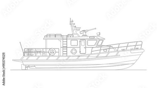 Naval vessel outline: A detailed line drawing showcases the design of a naval vessel, highlighting its features and structure with precision. 