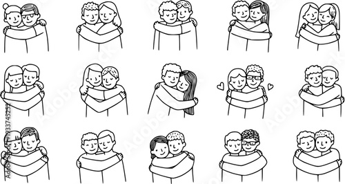Hugging Couples Line Art Illustration: Love, Friendship, Support