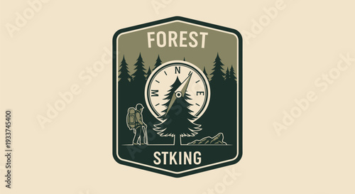 Vintage Forest Hiking Badge with Compass and Pine Trees.