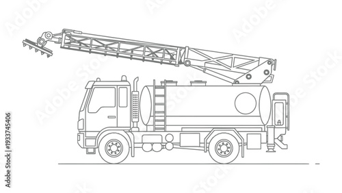 Water Tanker Truck Illustration: A detailed outline of a water tanker truck with an elevated boom, showcasing the engineering and function of this essential vehicle.
