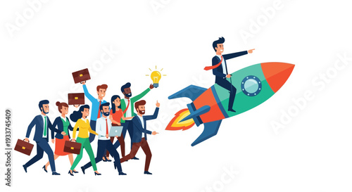 Teamwork launches a rocket symbolizing innovation and business success