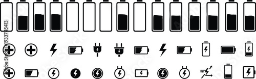 Battery and power icon set with multiple charge levels, lightning bolts, plugs, and timers, perfect for user interface design, energy graphics, and technology projects
