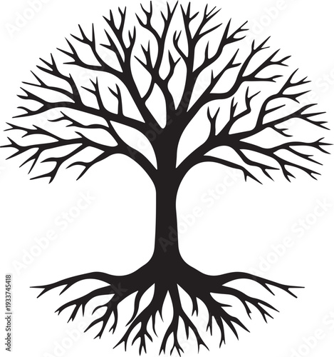 Tree of Life Silhouette with Bare Branches and Roots on White Background