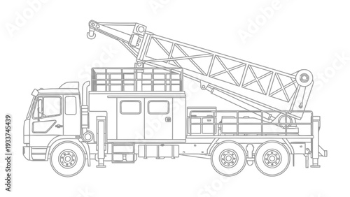 Crane Truck Blueprint: Detailed illustration of a heavy-duty crane truck, rendered in a clean blueprint style, showcasing its intricate mechanical components and powerful capabilities. 