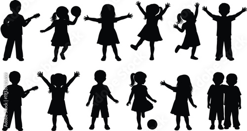 Kids Silhouettes Set With Superheroes, Karate Poses, Princesses, Singing, Photographers, Videographers, Studio Lighting Equipment, Cameras, Tripods, and Creative Childhood Play Icons.