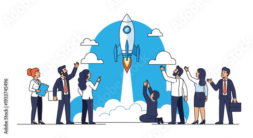 Team celebrates a rocket launch symbolizing business success and innovation