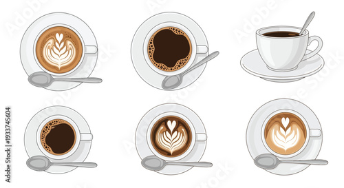 Assorted coffee cups with latte art and varying levels of fullness