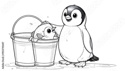 Black and white drawing of a happy penguin with a bucket containing a large fish