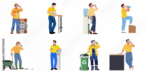 Diverse professional men staying hydrated at work, emphasizing the importance of water breaks across various industries and roles.