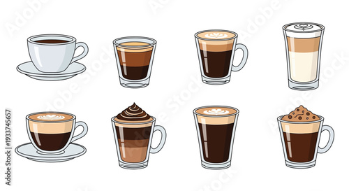 Various coffee drinks and desserts illustrated in a cartoon style
