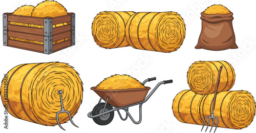 Hay bales and farming tools vector illustration set, straw rolls crate sack wheelbarrow isolated on white background agriculture collection