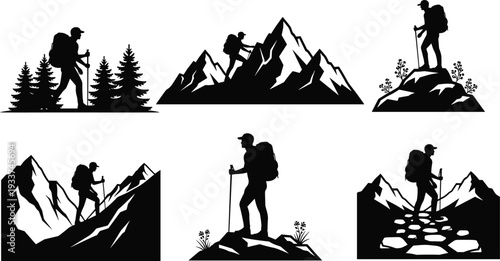 Hiker silhouette collection vector illustration set, mountain trekking adventure scenes with backpacker climbing peaks isolated on white background design