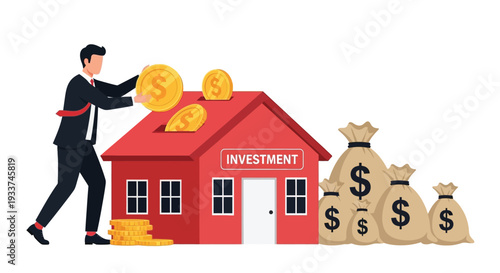 Man investing money into a red house symbolizing property investment