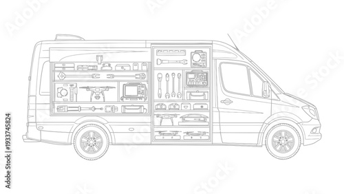 Detailed Van Inventory: An intricately detailed illustration of a van interior, showcasing an organized array of tools and equipment. Designed for utility and efficiency.
