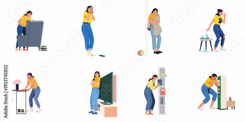 Illustrations of women experiencing fear, surprise, and domestic accidents at home, depicting various emotional reactions.