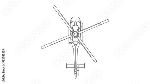 Aerial Perspective of Helicopter: A detailed monochrome overhead view showcases the intricate mechanics and sleek design of a helicopter, highlighting its rotor blades and aerodynamic features.