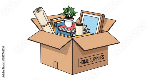 Cardboard Box Filled with Household Items.