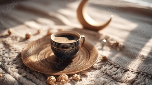 Coffee cup on wooden table with eid mubarak decoration and crescent moon ornament, warm morning sunlight creating cozy islamic celebration atmosphere, peaceful festive lifestyle scene with soft natura