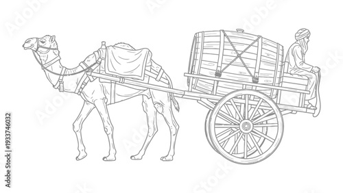 Nomadic Journey: An illustration of a camel pulling a water cart across a vast desert landscape, symbolizing an arid travel and resource transportation in the desert.