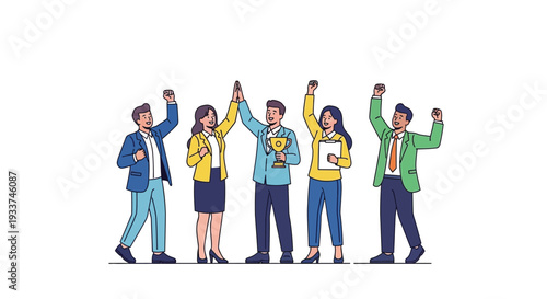 Celebrating team success a group of professionals raising hands and a trophy