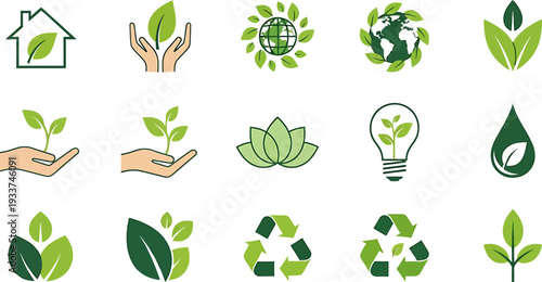 Diverse collection of green eco-friendly and nature-related vector icons on a white background