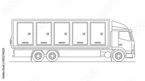 Commercial Truck: A detailed line art illustration of a heavy-duty commercial truck with a large cargo container. Showcasing the intricacies of its design, ideal for logistical representations.