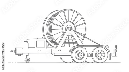 Cable Reel on Trailer: A detailed illustration of a large cable reel mounted on a sturdy trailer, designed for the transport and deployment of cables, ready for industry use.