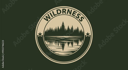 Wilderness Emblem Featuring Pine Forest and Lake Reflection.