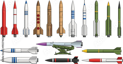 Military missiles and rockets collection vector illustration featuring ballistic weapons, guided bombs and air defense system isolated on white background