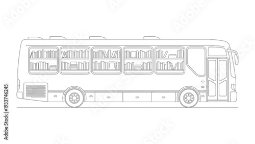 Mobile Library: A meticulously drawn outline of a bus transformed into a mobile library, filled with the promise of stories and knowledge, ready to travel.