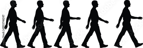 Man walking silhouette sequence vector illustration, male figure side view step by step motion isolated on white background animation reference set