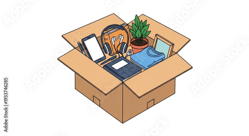 Cardboard box filled with personal belongings and electronics.
