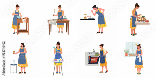 Woman baking homemade cookies: a complete step-by-step illustration set of preparation, baking, decorating, and enjoying delicious treats.