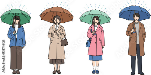 People holding umbrellas in rainy weather, fashionable men and women wearing coats, flat vector illustration isolated on white background