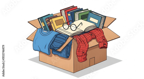 Cardboard Box with Books and Clothes.