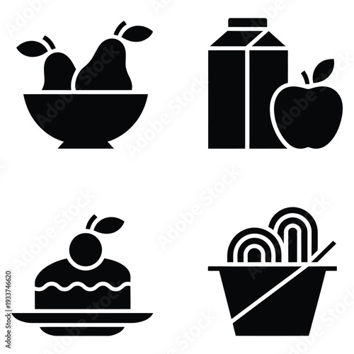 Healthy food icons: bowl of pears, milk carton with apple, decorative cake, and noodle bowl.