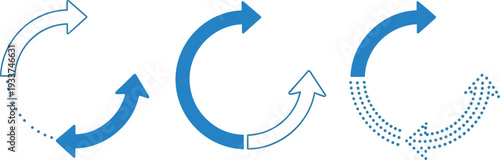 Circular arrow icons set isolated on white background, blue refresh and reload rotation symbols collection for update, sync, recycle and process flow design.