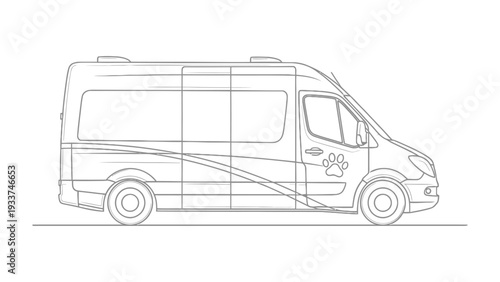 Pet Transport Van: A line drawing of a transport van with a pet paw print on the side, highlighting its specialized purpose for animal transportation. 