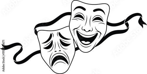 Comedy and Tragedy Theater Masks Line Art Illustration Classic Drama Symbol Black and White Performing Arts Design