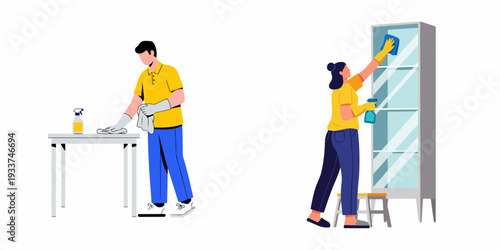 Professional cleaning services: a man wiping a table and a woman cleaning a glass cabinet, maintaining hygiene and order in a home or office.