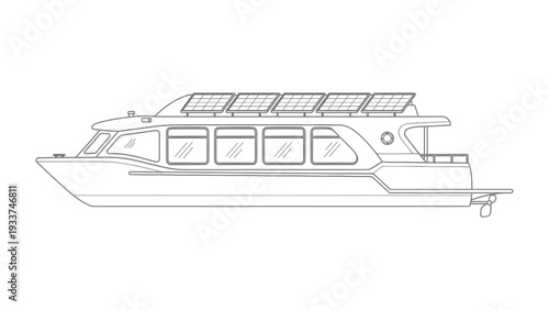 Eco-Friendly Ferry: A detailed monochrome outline of a modern ferry boat, showcasing its sleek design and eco-conscious solar panel integration for sustainable transport.
