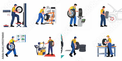Comprehensive Tire Service and Maintenance: A Collection of Illustrations Showing Auto Mechanics Working on Wheels, Balancing, Changing, and Repairing Vehicle Tires.