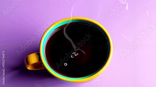 Steaming hot coffee in colorful mug.