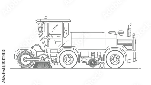 Street Sweeper in Detailed Sketch: A detailed, side-view sketch of a robust street sweeper, designed to keep urban environments clean and tidy.