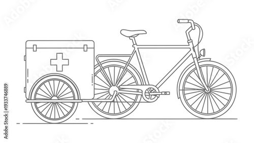 Mobile Medical Care: A black and white illustration of a medical bicycle, equipped with a compartment for supplies, symbolizing accessible healthcare on the move.