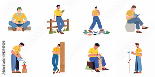 Men engaging in diverse peaceful hobbies and leisure activities, embracing simple pleasures and mindful moments outdoors.