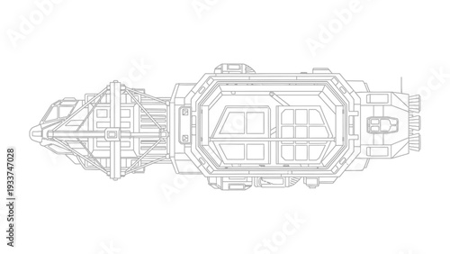 Interstellar Craft: An intricately detailed top-down view of a spacecraft, ready to embark on its cosmic journey, is showcased against a minimalist background.
