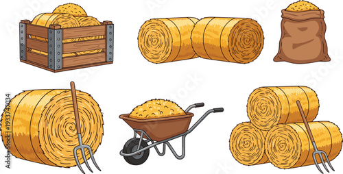 Set of hay bales, straw sacks and farm tools, rustic agriculture vector illustration isolated on white background