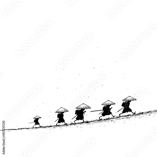 Group of people walking in a line carrying umbrellas on a hill black and white illustration simple background