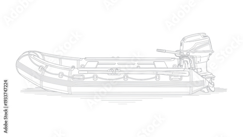 Inflatable Boat Silhouette: An outline of an inflatable boat, showcasing its structure and engine, a symbol of adventure on the water.